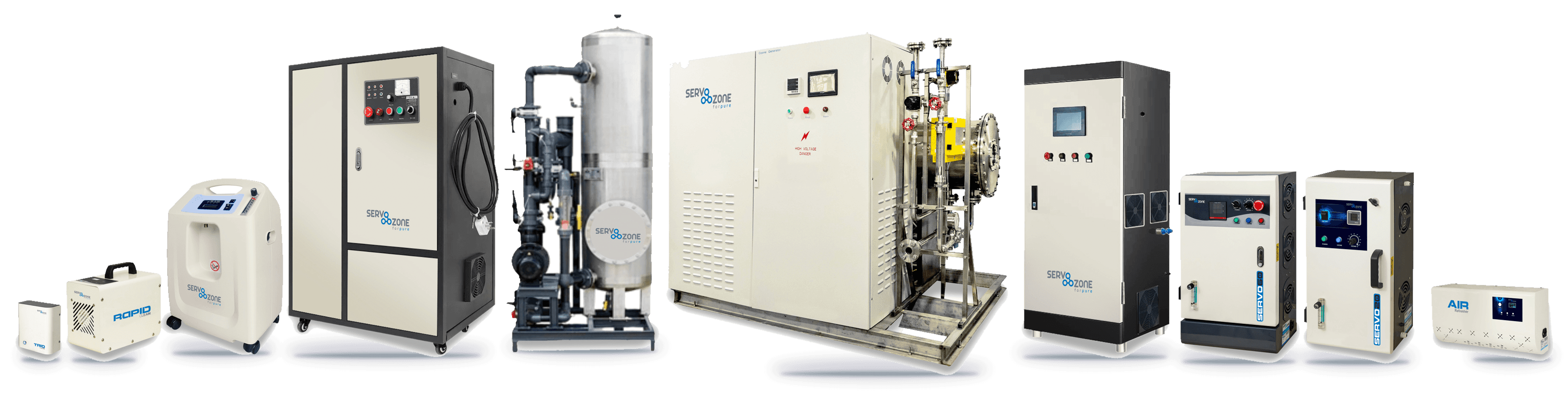 The Servo Ozone range on a studio floor: compact and portable units, an oxygen concentrator, cabinet ozone generators, a skid system, a large industrial generator and a wall-mounted air sterilizer