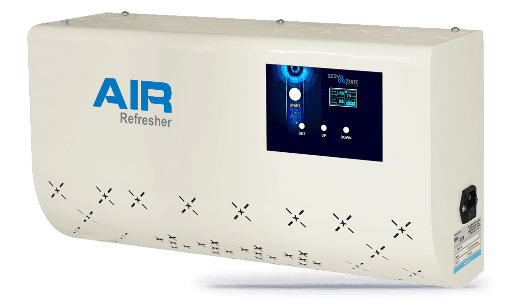 Servo Ozone room air sterilizer with curved white front, badged AIR Refresher, and a control screen