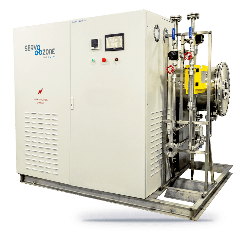 Large Servo Ozone M Series ozone generator: control cabinet with stainless reaction chamber and valves on a steel base