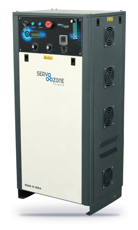 Tall Servo Ozone P Series ozone generator in a grey and white cabinet with control panel, emergency stop and side fans