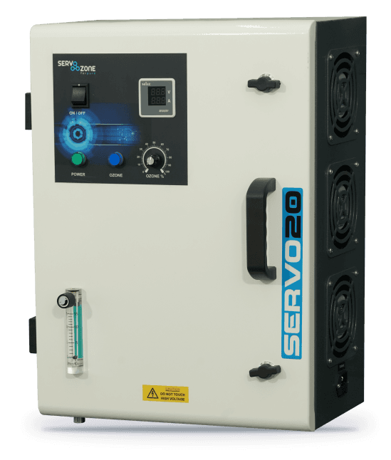 Servo Ozone S Series ozone generator in a white cabinet, badged SERVO 20, with display, controls, flow meter and side fans