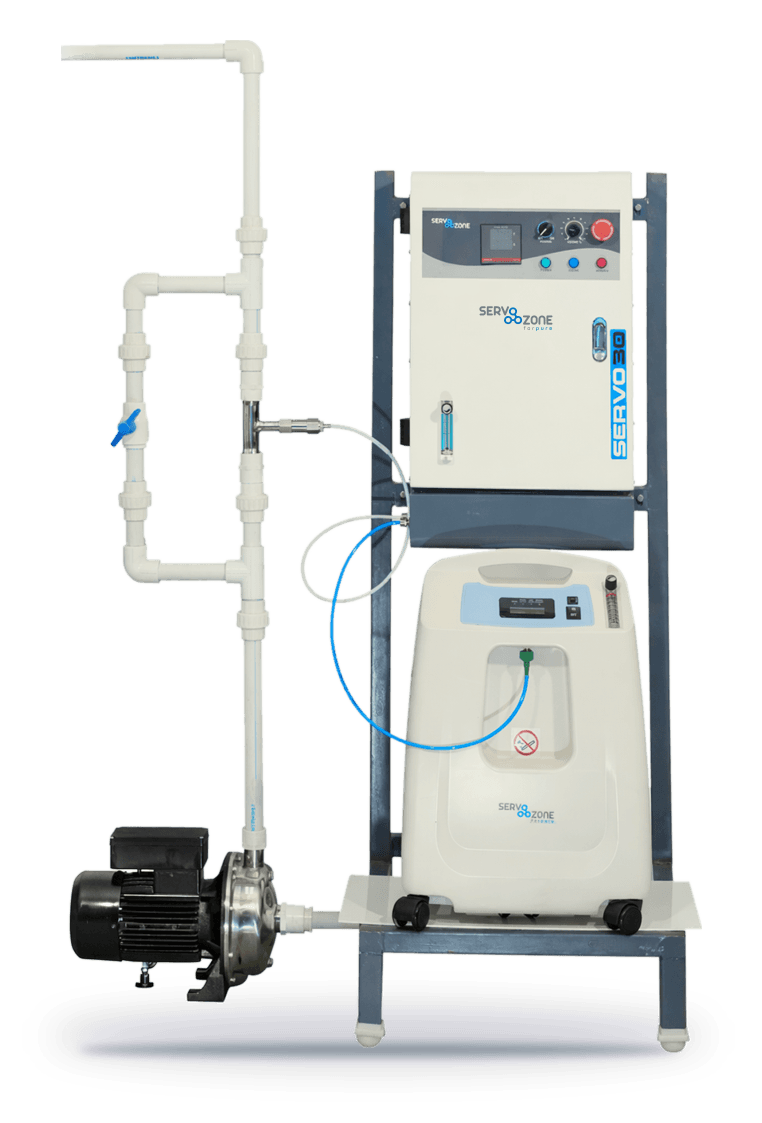 Servo Ozone Skid System: ozone generator and oxygen concentrator on a steel frame with pump and injector pipework