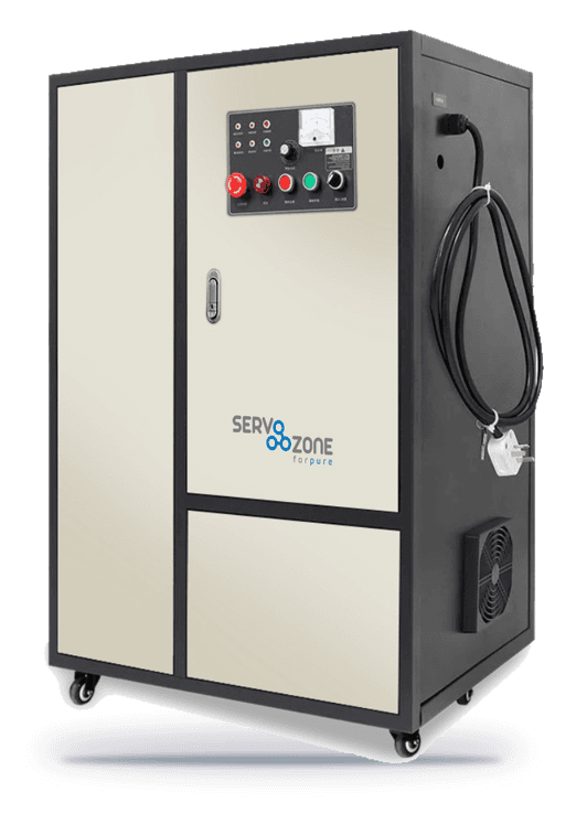 Tall cream ozone generator cabinet on castors with analogue meter and coiled hose