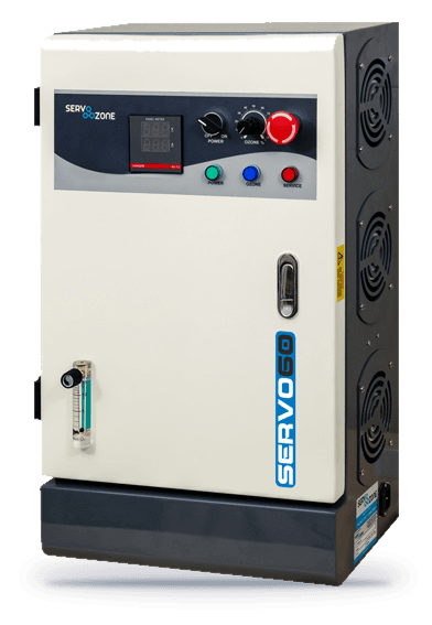 Compact ozone generator cabinet with red and green controls, badged SERVO 50