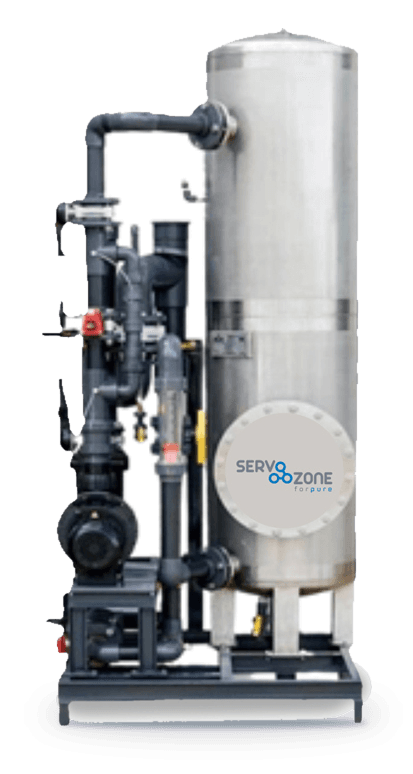 Servo Ozone Skid System: stainless tank, pump and pipework on a steel frame